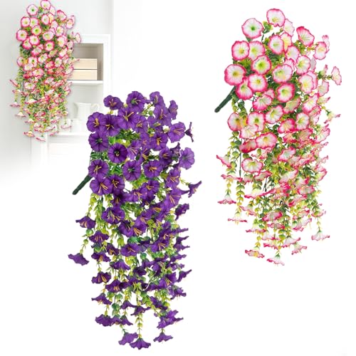 4 Stück Kunstblumen Hängend Petunien, 75CM Künstliche Hängepflanzen, 2 Farben Künstliche Blumen Petunienranke für Draußen, Garten, Innen, Außenbereich, Wand Dekoration (Purpur und Rosa) von Garqitwan