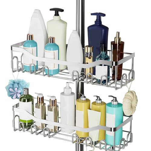 Garqitwan Duschablage Ohne Bohren 2 Stück Duschablage für Duschstange Duschstangen-Aufbewahrungsregal Edelstahl mit Haken Shampoo Halterung für Dusche Silber Höhenverstellbar von Garqitwan