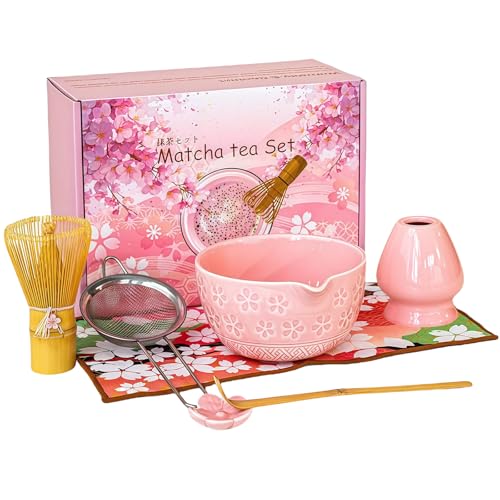 Matcha Set Rosa, 7 Teiliges Matcha Tea Set mit Matcha Besen, Matcha Schale mit Ausgießer, Matcha Sieb, Teetuch, Besenhalter aus Keramik und Matcha Löffel, Matcha Zubehör für Matcha Liebhaber von Garqitwan