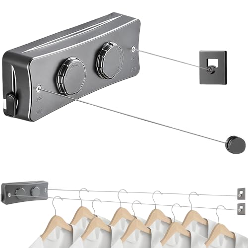 WäScheleine Ausziehbar 2 x 5.1M Edelstahlseil, Wandmontierter Einziehbares Wäscheleine, Wäscheleine Ausziehbar Wand für Balkon Waschküche Hotel Badezimmer Schlafzimmer (Zwei Linien Grau) von Garqitwan