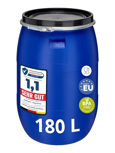 Garronda 180 Liter Regentonne mit Deckel Weithalsfass aus HDPE Regenfass für Garten Fass Regenwassertonne Futtertonne Universalfass Wasserfass Regentonnen Lebensmittelfass Wassertank GD-0078, Blau von Garronda