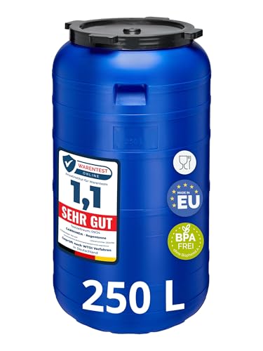 Garronda 250 Liter Weithalsfass BPA-frei Futtertonne Fass Universalfass Lebensmittel Fass Regenfass für Garten Regentonne mit Deckel Regenwassertonne für Garten Wassertonne GD-0093, Blau von Garronda