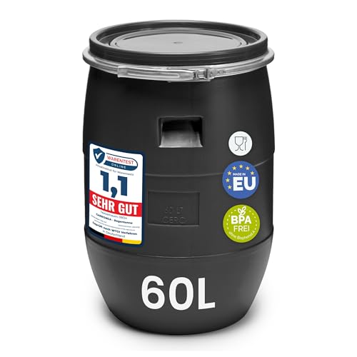 Garronda 60 Liter Deckelfass Weithalsfass aus HDPE Regenfass für Garten Fass 60l Wassertonne Futtertonne Wasserbehälter Universalfass Wasserfass Lebensmittelfass Wassertank GD-0078, Schwarz von Garronda