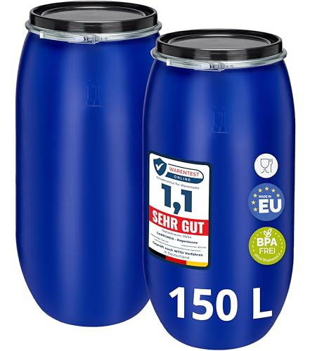 Garronda Set 2X 150 Liter Regentonne mit Deckel Weithalsfass aus HDPE Regenfass für Garten Fass Regenwassertonne Futtertonne Universalfass Wasserfass Regentonnen Lebensmittelfass GD-0128, Blau Garronda Set 2X 150 Liter Regentonne mit Deckel Weithalsfass aus HDPE Regenfass für Garten Fass Regenwassertonne Futtertonne Universalfass Wasserfass Regentonnen Lebensmittelfass GD-0128, Blau von Garronda