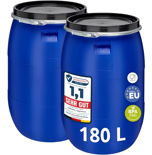Garronda Set 2X 180 Liter Regentonne mit Deckel Weithalsfass aus HDPE Regenfass für Garten Fass Regenwassertonne Futtertonne Wasserfass Regentonnen Lebensmittelfass Wassertank GD-0128, Blau von Garronda