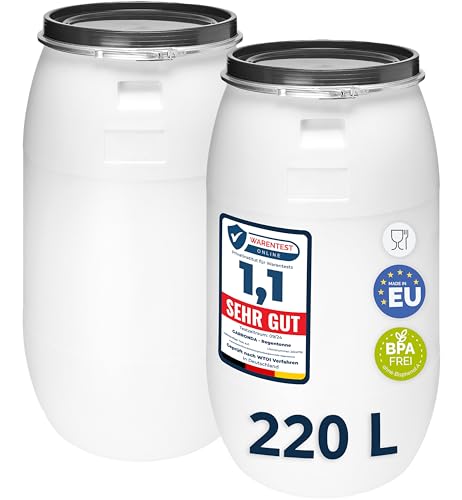 Garronda Set 2X 220 Liter Regentonne mit Deckel Weithalsfass aus HDPE Regenfass für Garten Fass 220l Regenwassertonne Futtertonne Wasserbehälter Universalfass Wasserfass Wassertank GD-0124, Weiß Garronda Set 2X 220 Liter Regentonne mit Deckel Weithalsfass aus HDPE Regenfass für Garten Fass 220l Regenwassertonne Futtertonne Wasserbehälter Universalfass Wasserfass Wassertank GD-0124, Weiß von Garronda