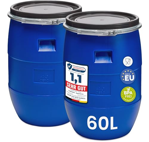 Garronda Set 2X 60 Liter Deckelfass Weithalsfass aus HDPE Regenfass für Garten Fass 60l Wassertonne Futtertonne Wasserbehälter Universalfass Wasserfass Lebensmittelfass Wassertank GD-0122, Blau von Garronda