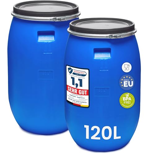 Garronda Set 2x 120 Liter Deckelfass Weithalsfass aus HDPE Regenfass für Garten Fass Regenwassertonne Futtertonne Universalfass Wasserfass Regentonne Lebensmittelfass Wassertank GD-0123, Blau von Garronda