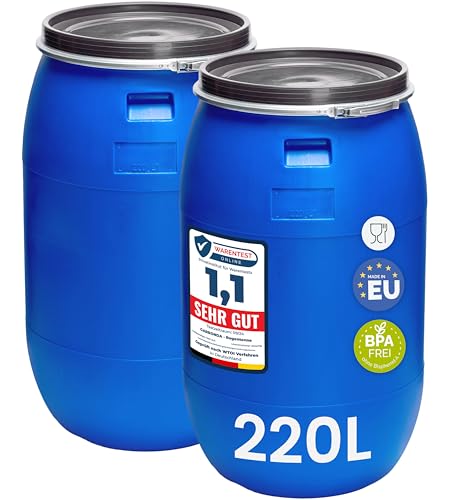 Garronda Set 2X 220 Liter Regentonne mit Deckel Weithalsfass aus HDPE Regenfass für Garten Fass 220l Regenwassertonne Futtertonne Wasserbehälter Universalfass Wasserfass Wassertank GD-0124, Blau Garronda Set 2X 220 Liter Regentonne mit Deckel Weithalsfass aus HDPE Regenfass für Garten Fass 220l Regenwassertonne Futtertonne Wasserbehälter Universalfass Wasserfass Wassertank GD-0124, Blau von Garronda