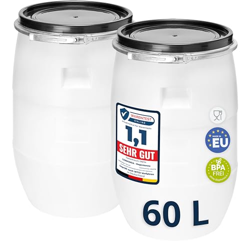 Garronda Set 2x 60 Liter Deckelfass Weithalsfass aus HDPE Regenfass für Garten Fass 60l Wassertonne Futtertonne Wasserbehälter Universalfass Wasserfass Lebensmittelfass Wassertank GD-0122, Weiß von Garronda