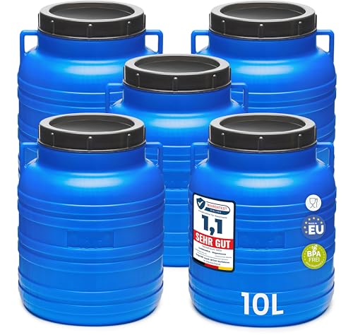 Garronda Set 5x 10 Liter Weithalsfass BPA-frei Futtertonne Fass Universalfass Lebensmittel Fass Regenfass für Garten Regentonne mit Deckel Regenwassertonne für Garten Wassertonne GD-0120, Blau von Garronda