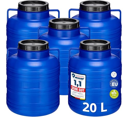 Garronda Set 5x 20 Liter Weithalsfass BPA-frei Futtertonne Fass Universalfass Lebensmittel Fass Regenfass für Garten Regentonne mit Deckel Regenwassertonne für Garten Wassertonne GD-0126, Blau von Garronda