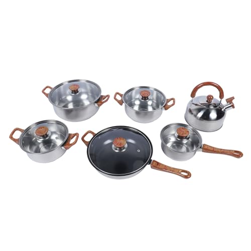 Edelstahl-Töpfe und Pfannen-Set, Induktions-Kochgeschirr-Set, Multifunktionale Holz-Küchen-Kochgeschirr-Sets, Hausmannskost-Sets, Inklusive Wasserkocher, Töpfe, Bratpfannen von Garsent