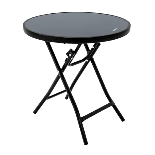 Garsing Outdoor Bistrotisch, Kleiner runder klappbarer Beistelltisch mit Tischplatte aus gehärtetem Glas, kompakter faltbarer Couchtisch für den Außenbereich, Schwarz von Garsing Outdoor Leisure
