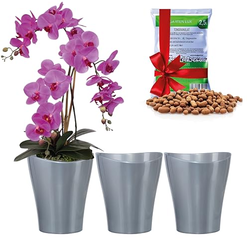 Garten Lux 3er-Set Orchideentöpfe Anthrazit D16cm 2L mit Tongranulat 2,5L-Orchideen übertopfe groß aus Kunststoff für den Innenbereich von Garten Lux