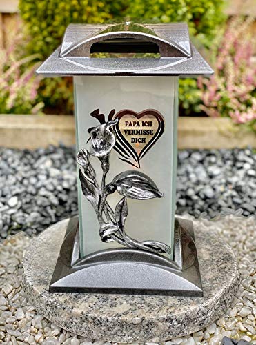 Yeahitch - Silber 'Papa ich vermisse Dich' Grablicht Kerze Grabkerze Grabdekoration Grabschmuck Gartenlampe (Solarbetrieben, LED, Wasserfest, Silber) von Yeahitch