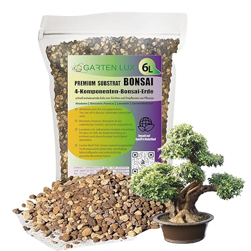 Garten Lux Premium Bonsai Substrat–6L 4-Komponenten Bonsai Erde –schnell entwässernde Erde zum Züchten und Umpflanzen von Pflanzen -Speziell für Ficus Ahorn Weide und Konifiren von Garten lux