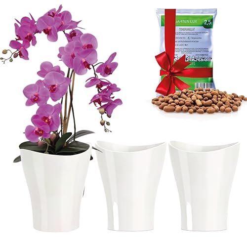 Garten Lux 3er-Set Orchideentöpfe Weiß D16cm 2L mit Tongranulat 2,5L-Orchideen übertopfe groß aus weiß Kunststoff für den Innenbereich von Garten Lux