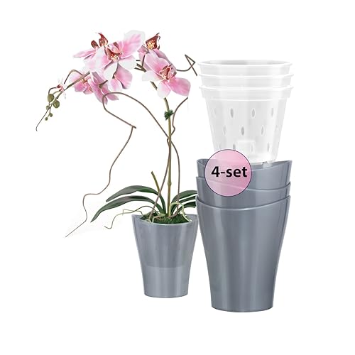 Garten lux Orchideentöpfe Anthrazit 4er-Set 1L Ø13 cm mit 4er-Set Orchideen Übertöpfe Drainageloch Kunststoff Transparent 0.55L Ø11 cm für den Innenbereich von Garten lux