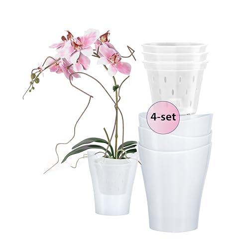 Garten lux Orchideentöpfe Weiß 4er-Set 1L Ø13 cm mit 4er-Set Orchideen Übertöpfe Drainageloch Kunststoff Transparent 0.55L Ø11 cm für den Innenbereich von Garten lux