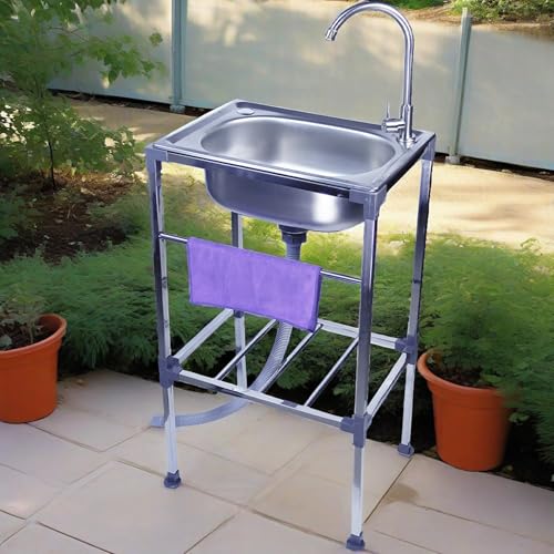 Mobile Outdoor Spüle Edelstahl Spültisch Freistehendes Küchenspüle Gewerbliche Einzelbecken-Spüle Edelstahl- Multifunktionswaschtisch Mit Warm- Und Kaltwasserhähne Und Entwässerungszubehör von Gartenassistentin