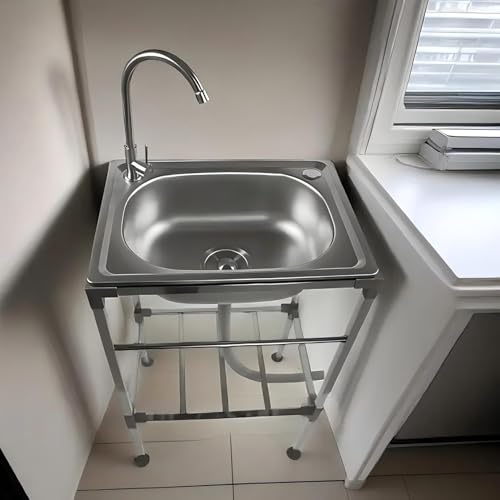 küchenspüle 1 Becken Gewerbliche edelstahl Spülbecken mit Warm- und Kaltwasserhahn Freistehende Außen Spültisch Mit Entwässerungszubehör MobileAusgussbecken für Waschküche/Garage/Hinterhof von Gartenassistentin