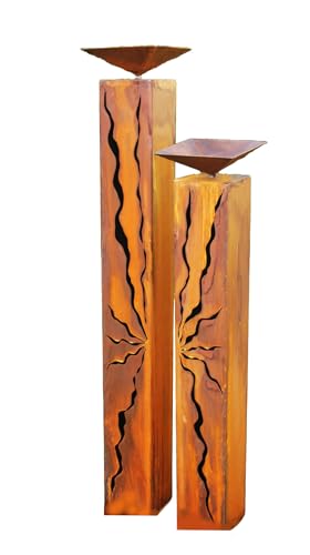 Gartendekoshop24 - Gartendeko Säulen, Vogeltränke, 2er Rostsäulen mit Schale, 125/100 cm. Gartensäulen aus Metall, Edelrost, viereckig, mit Schalen, handgefertigt. Gartendekoration für draußen. von Gartendekoshop24