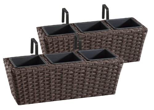 GARTENFREUDE Polyrattan Balkonkasten Blumenkasten 2 Stück inkl. Aufhängung, 47 x 17 x 17 cm, mit 3-er Kunststoffeinsatz, mocca von Gartenfreude