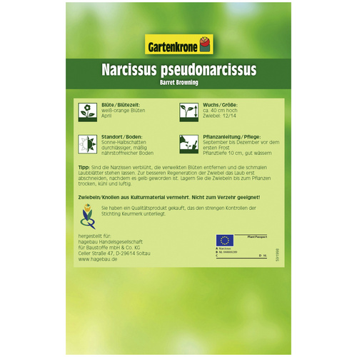 Gartenkrone Saatgut Narzisse, Narcissus x hybrida »Barret Browning«, Blüte: weiß/orange - weiss von Gartenkrone