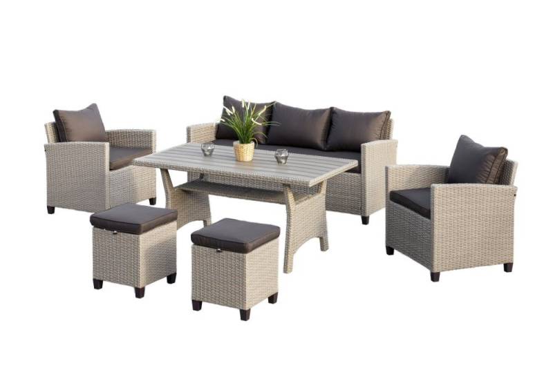 Gartenmöbel Ambiente Garten-Essgruppe Genua, (6tlg., Dreisitzige Bank, 2 Sessel, 2 Hocker, Auflagen, Tisch), inkl. Auflagen von Gartenmöbel Ambiente