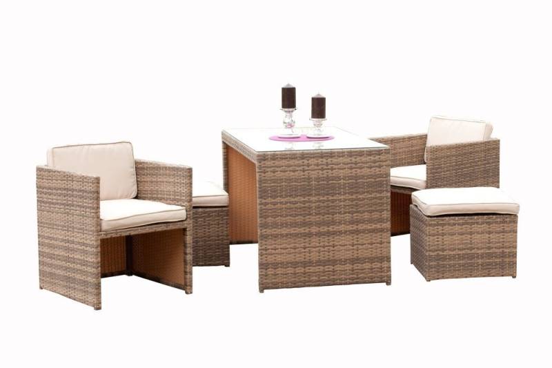 Gartenmöbel Ambiente Garten-Essgruppe Svenja Set 11tlg., natur, (11tlg. Set, 2 Sessel, 2 Hocker, 1 Tisch), inkl. Auflagen, ineinander verstaubar von Gartenmöbel Ambiente