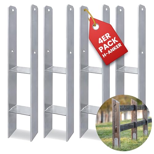 Gartenpirat 4 Stück H-Anker 91x600 mm feuerverzinkt Pfostenträger für Pfosten 9x9 cm von Gartenpirat