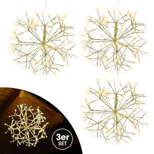 Gartenpirat Weihnachtsdekoration Goldstern 3er Set warmweiß beleuchtet Ø 45cm mit 120 LEDs Timer-Funktion Schneeflocke hängend mit Befestigung von Gartenpirat