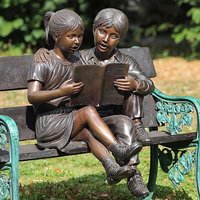 Bronze Gartenplastik Kinder mit Bank - Sahra & Janis von Gartentraum.de