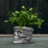 Einzigartiger Pflanztopf aus Beton - Totenschädel mit Rosen - Gangain / 11x12x15cm (HxBxT) / Silber glänzend von Gartentraum.de