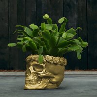 Einzigartiger Pflanztopf aus Beton - Totenschädel mit Rosen - Gangain / 13x15x19cm (HxBxT) / Gold glänzend von Gartentraum.de