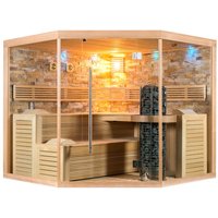 Große Premium Heimsauna mit Natursteinwand, Holzmobiliar und Glasfront - Osiria / 200x200x175cm (HxBxT) / Finnische Sauna + Bio Sauna von Gartentraum.de