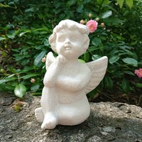 Kleine Deko Engel Steinfigur aus Steinguss - Denker / Portland Weiß von Gartentraum.de