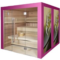 Komfortable Indoor Sauna für 6 bis 8 Personen in Farbe nach Wahl - Kija / mit Vorderseite aus Glas / Finnische Sauna + Bio Sauna von Gartentraum.de