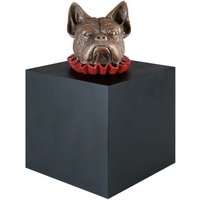 Kopf Bulldogge aus Bronze mit Halskrause auf Sockel - Hund im Würfel von Gartentraum.de