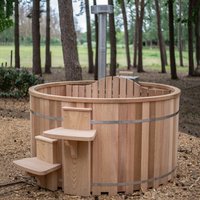 Runder Outdoor Saunabottich aus Abachi Holz inklusive Holzofen - Oseye / mit Abdeckung / 120cm von Gartentraum.de