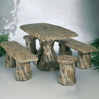 Sitzgarnitur aus Steinguss für den Garten - Tisch, Bänke & Hocker im Holzdesign - Tharalea / Etna von Gartentraum.de