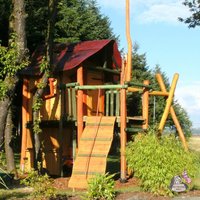 Vielseitiges Spielhaus mit Sprossenwand, Rutsche und Schaukel - Spielhaus Wölfchen von Gartentraum.de