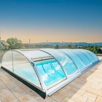 Vormontierte flache Poolabdeckung - Aluminium & Polycarbonat - mit Seitentür - abschließbar - Galaxyit / 80x642x390cm  (HxBxT) / Silber von Gartentraum.de