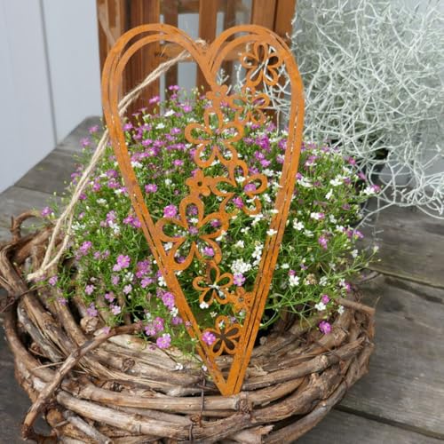 Gartendeko Herz zum Hängen mit Blüten aus Edelrost Rostdeko 26cm groß von Gartenzaubereien