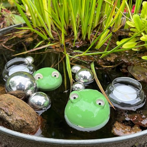 Storm's Gartenzaubereien Schwimmfrösche 2er Set mit Teelichtschalen und silbernen Schwimmkugeln - Teichkugeln Teichdeko von Storm's Gartenzaubereien