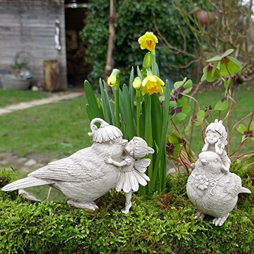 Tierfigur Spatz mit Elfen Figuren 2 Modelle als Garten- oder Balkondeko – Feengarten von Gartenzaubereien