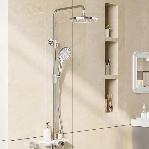 Duschsystem Mit Duschkopf Edelstahl Verstellbare DuschsäUle Duschstange ÜBerkopfbrause Set Regendusche Ohne Armatur Mit Ablage, Kopfbrause Round 25cm Chrom Duschsystem Mit Duschkopf Edelstahl Verstellbare DuschsäUle Duschstange ÜBerkopfbrause Set Regendusche Ohne Armatur Mit Ablage, Kopfbrause Round 25cm Chrom von Garvee
