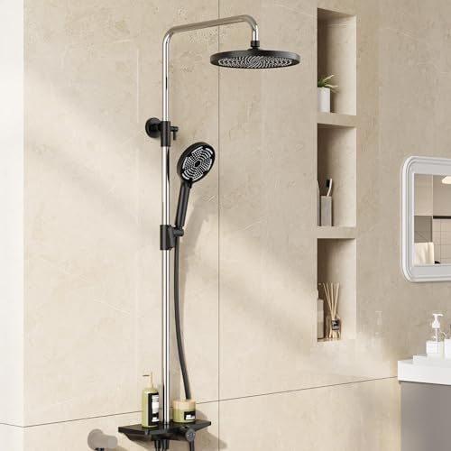 Duschsystem Mit Duschkopf Edelstahl Verstellbare DuschsäUle Duschstange ÜBerkopfbrause Set Regendusche Ohne Armatur Mit Ablage, Kopfbrause Round 25cm Schwarz+Chrom Duschsystem Mit Duschkopf Edelstahl Verstellbare DuschsäUle Duschstange ÜBerkopfbrause Set Regendusche Ohne Armatur Mit Ablage, Kopfbrause Round 25cm Schwarz+Chrom von Garvee