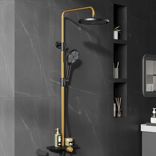 Duschsystem Mit Duschkopf Edelstahl Verstellbare DuschsäUle Duschstange ÜBerkopfbrause Set Regendusche Ohne Armatur Mit Ablage, Kopfbrause Round 25cm Schwarz+Gold von Garvee